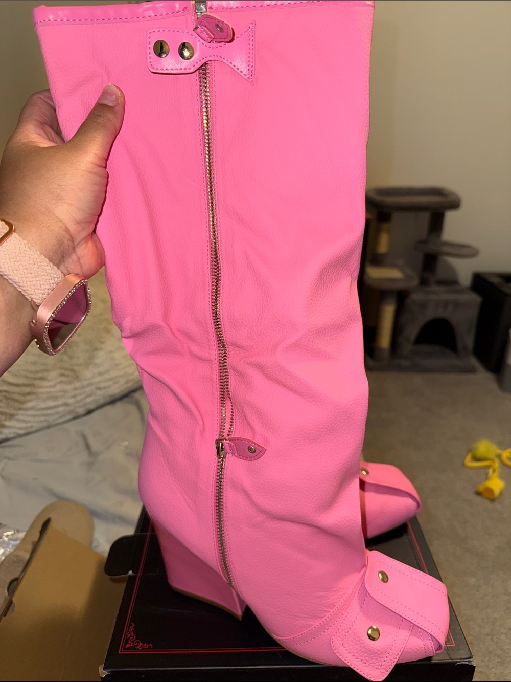 Women's Pink Over-the-Knee Fold-Over Peep-Toe Boots - Picture 5 of 5